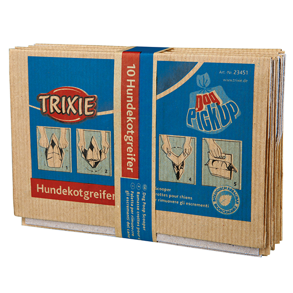 Brune papirposer, pakket kompakt. På forsiden er der blåt og rødt "Trixie Dog Pick Up" logo.